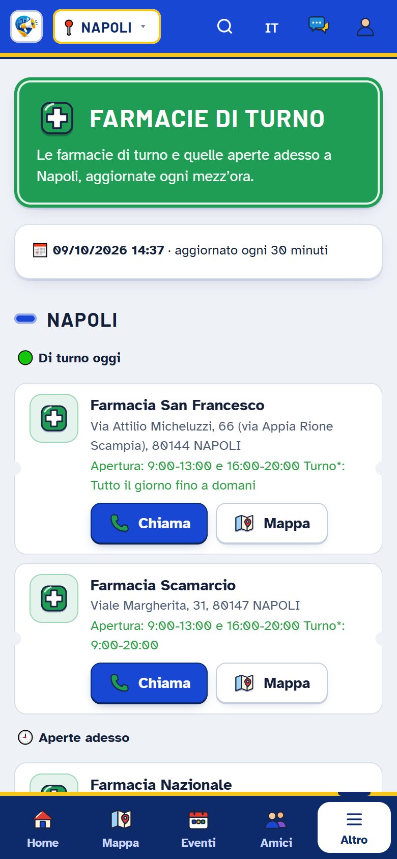 Farmacie di turno oggi a Napoli con orari e tasti Chiama e Mappa
