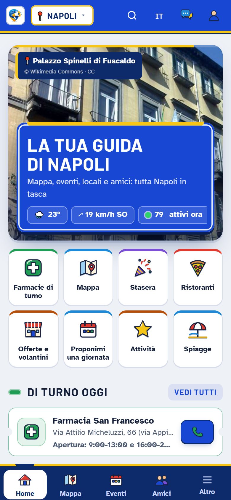 Home dell'app a Napoli con meteo, attivi ora e attività della città